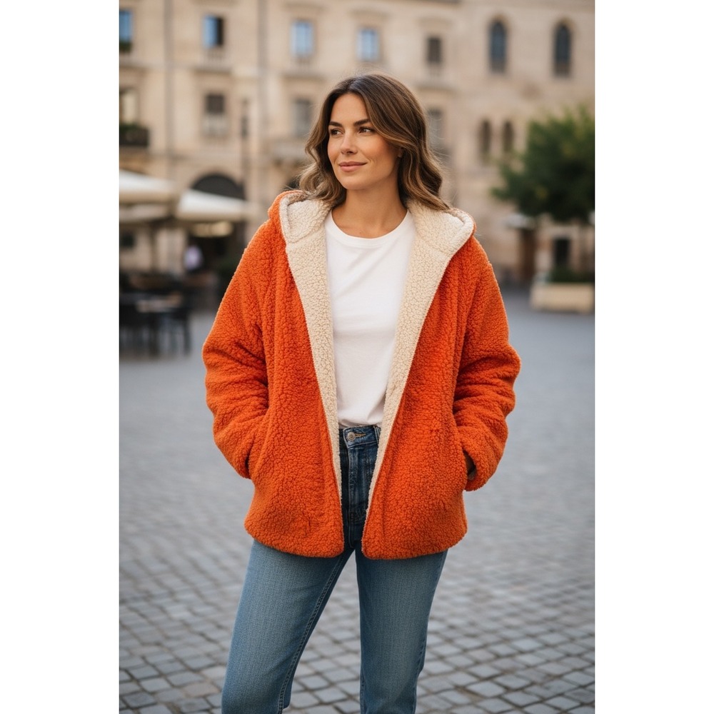 NWT Dear You Sherpa Fleece Lined Hooded Jacket Orange Women's Size Medium‎